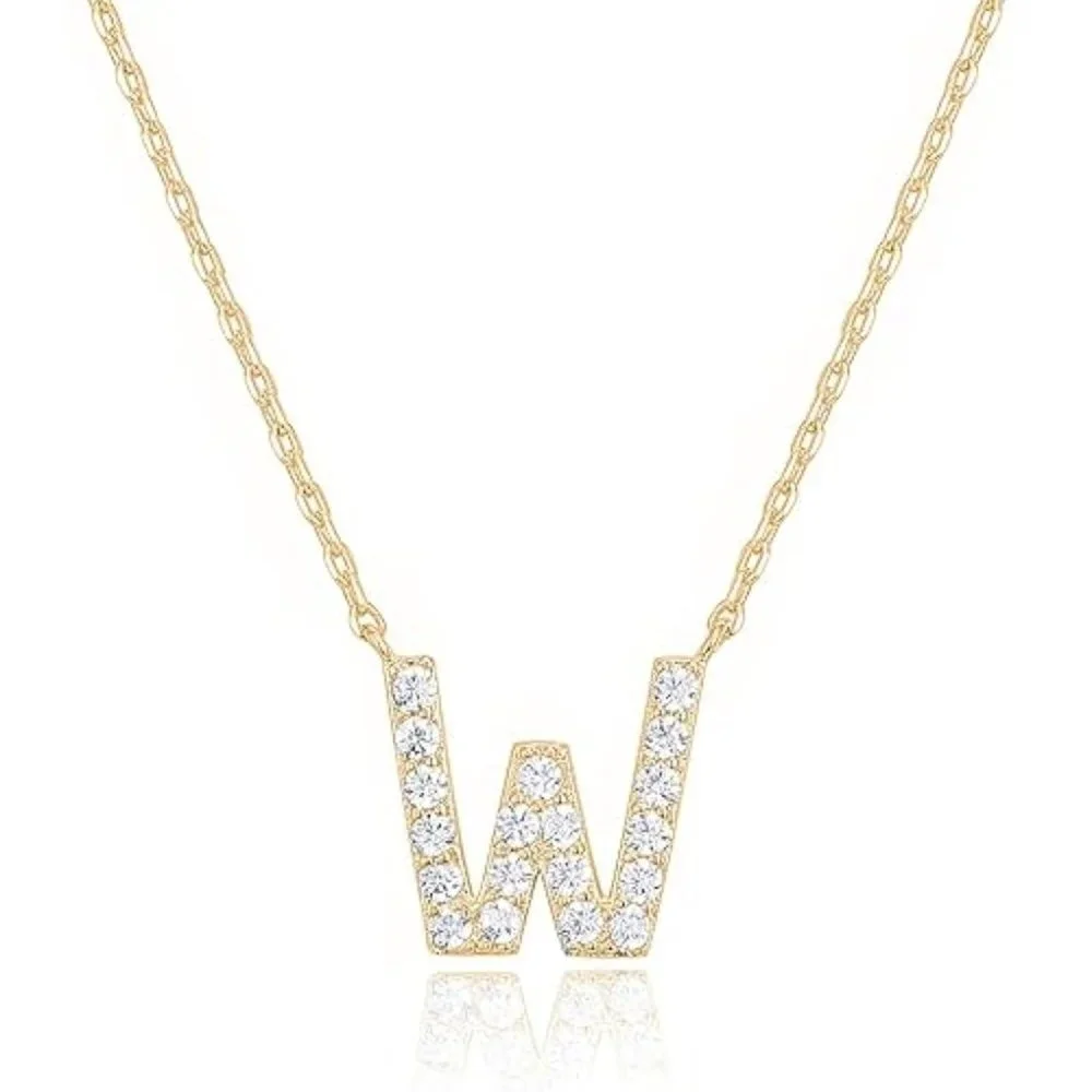 14K Yellow Gold Initial Necklace Letter Dainty Diamond Gift Present P - Z